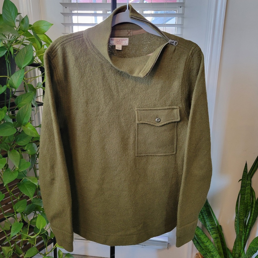 Wallace & Barnes Mens Olive Green Wool Side Zip Military Sweater Small Talon